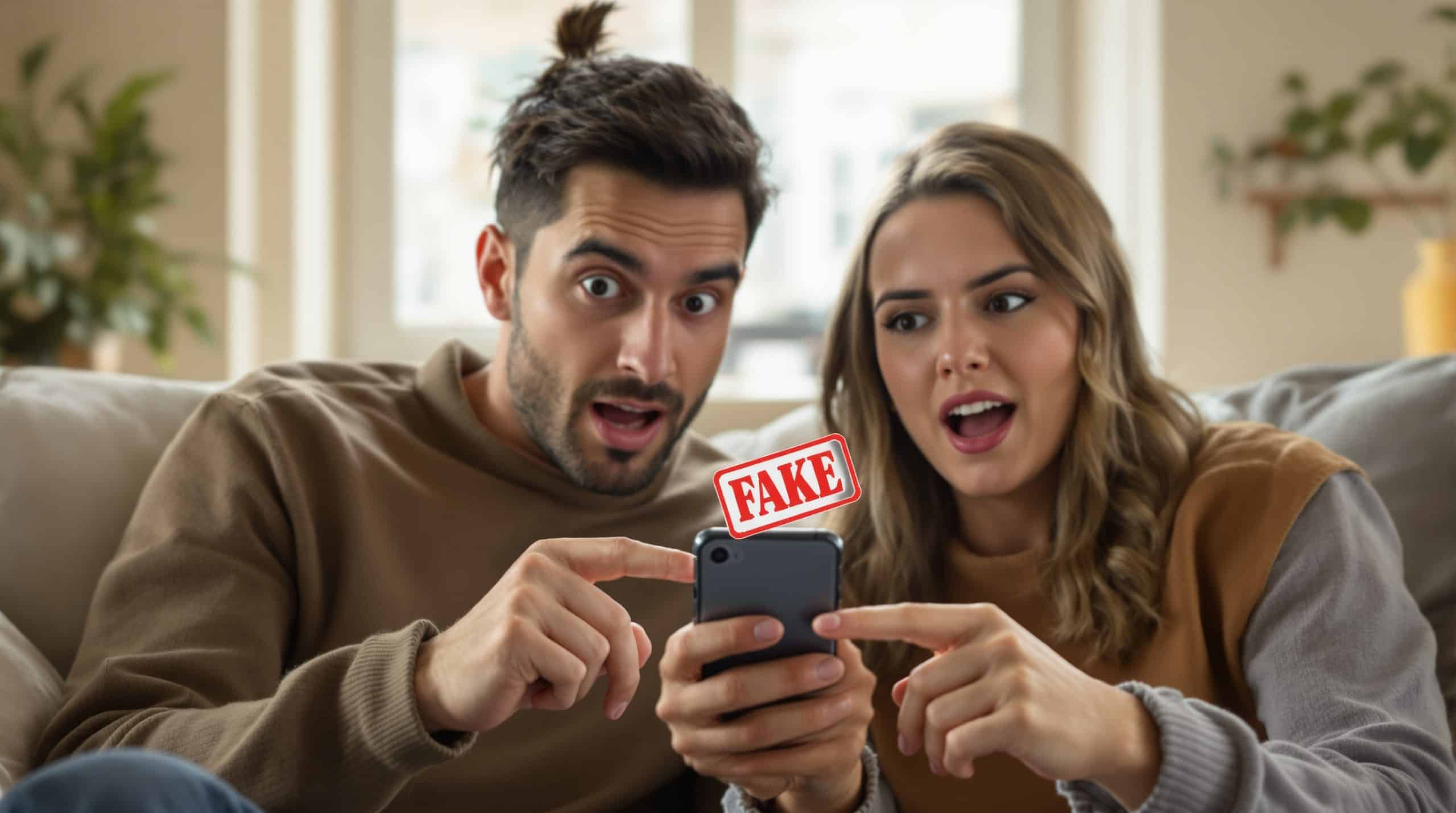 A couple reacting with shock while looking at a phone showing a red FAKE verdict stamp