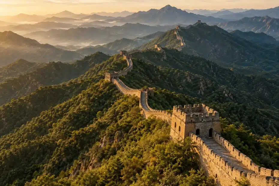 Aerial view of the Great Wall of China winding across mountain ridges at golden hour