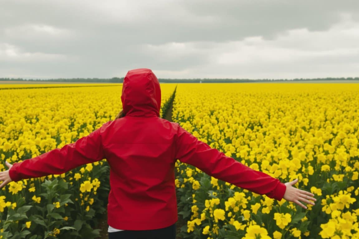 Person in a red hooded jacket in a yellow flower field