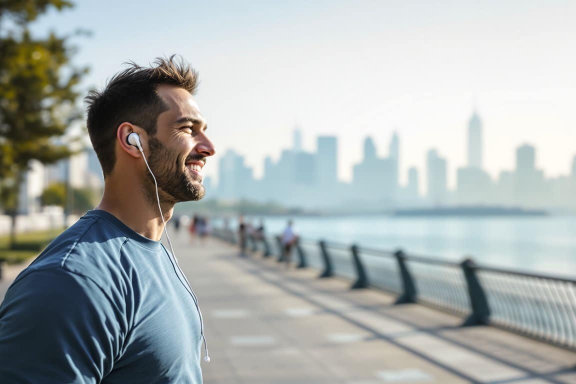 Man with earphones on a waterfront promenade
