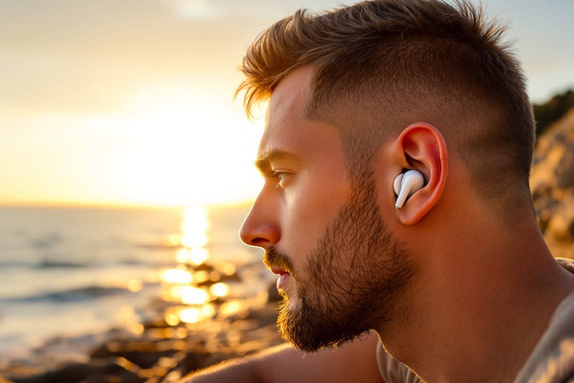 Man with an earbud looking at a sunset over the sea