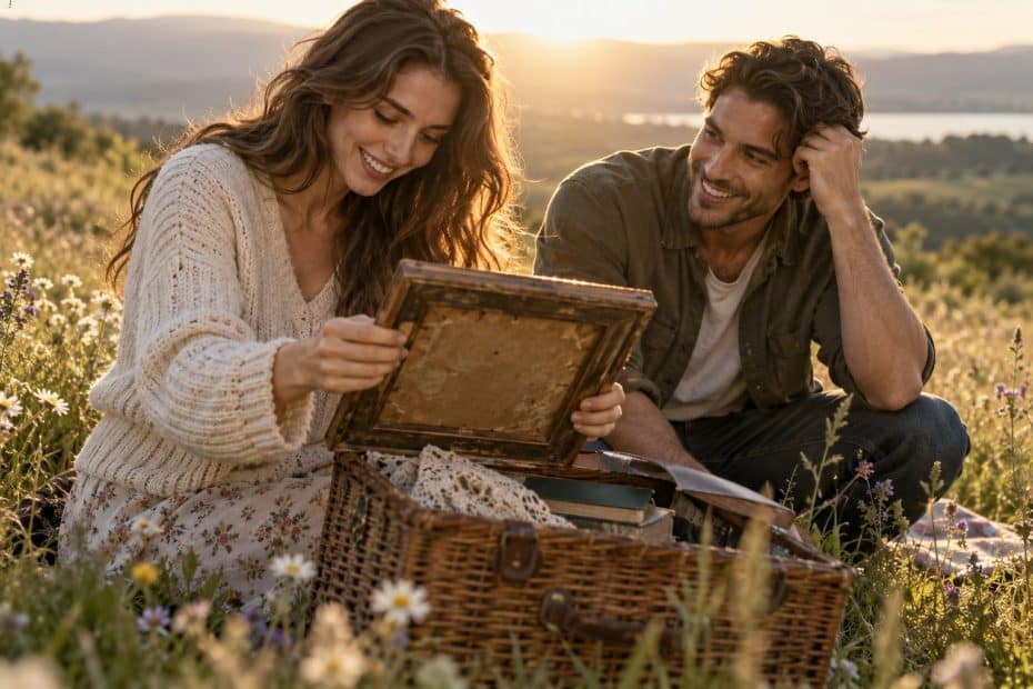 A couple kneeling in a sunlit meadow lifting an antique picture frame from a picnic basket