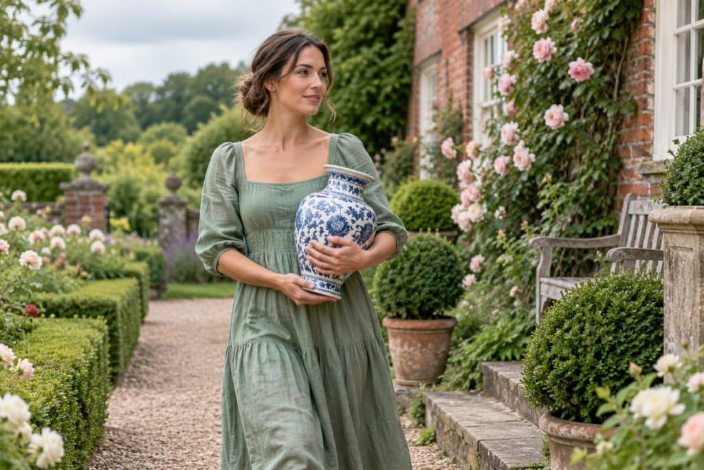 A woman carrying a blue-and-white porcelain vase along a garden path