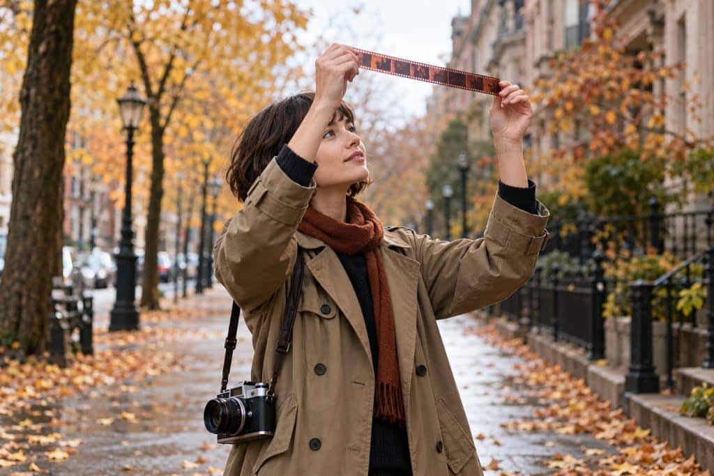 A woman on an autumn street holding film negatives up to the sky