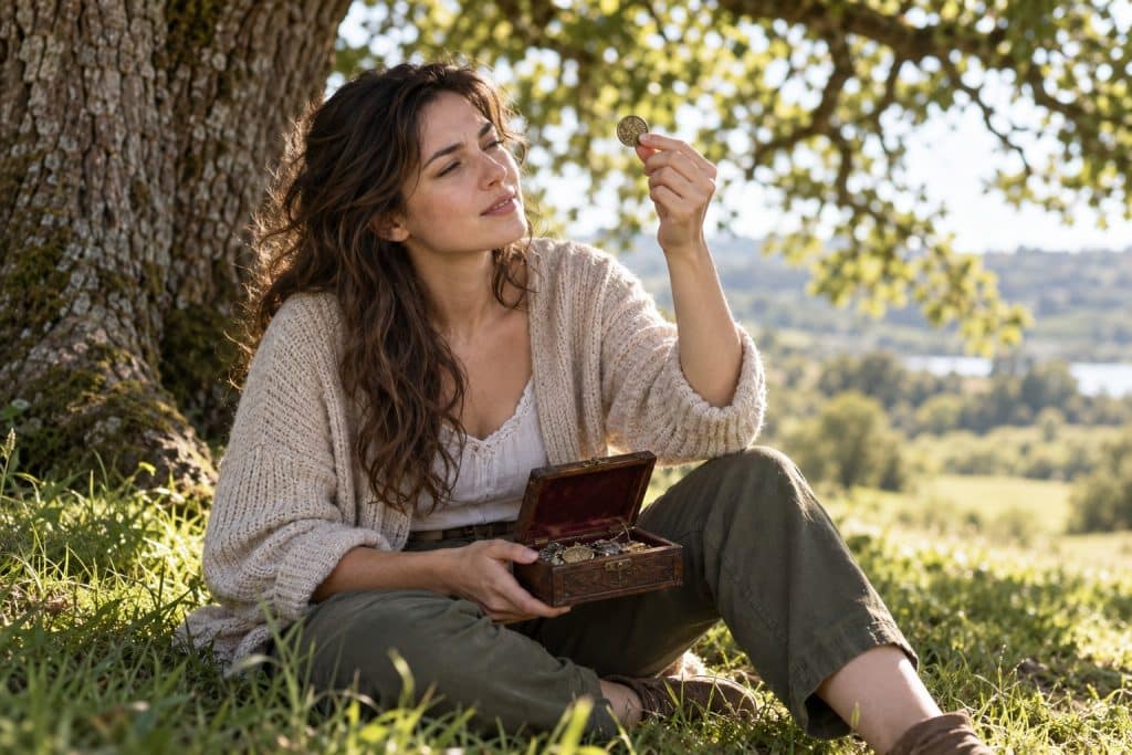 A woman under an oak tree holding up a single old coin from a jewelry box